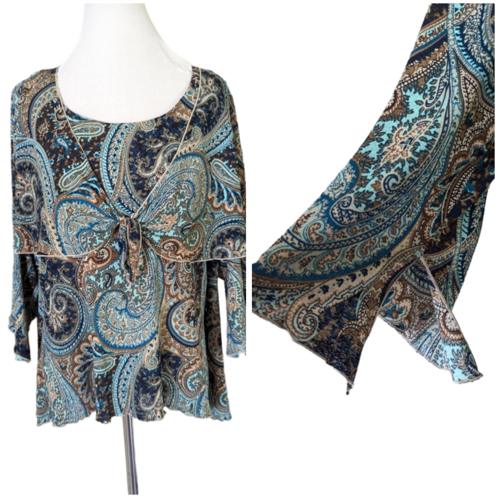 Vintage Y2K Layered Top 1X Paisley 3/4 Sleeve Blue Brown Tie Front Career Office